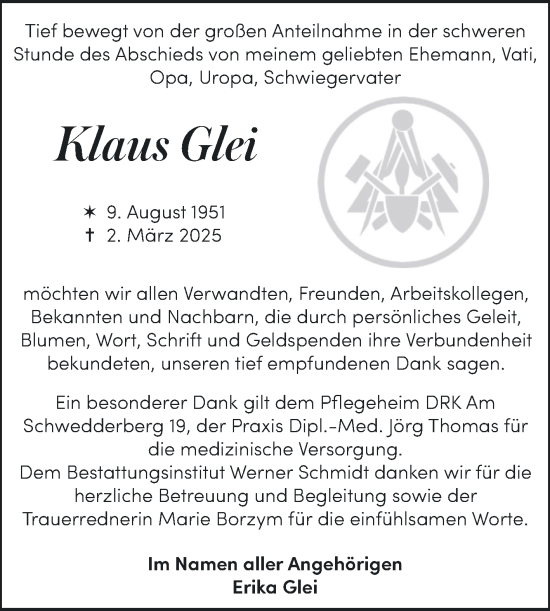 Traueranzeige von Klaus Glei von Trauerkombi Quedlinburg
