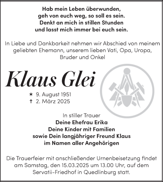 Traueranzeige von Klaus Glei von Trauerkombi Quedlinburg