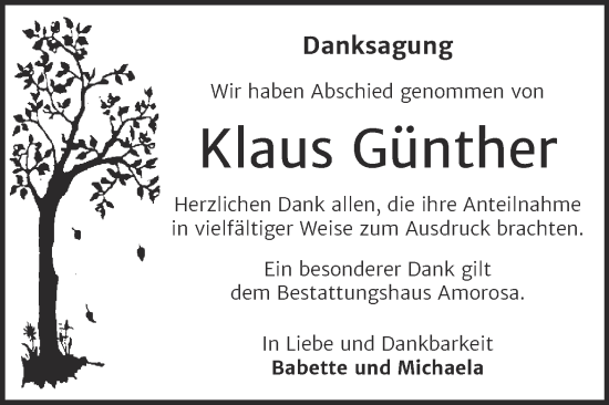 Traueranzeige von Klaus Günther von Trauerkombi Dessau