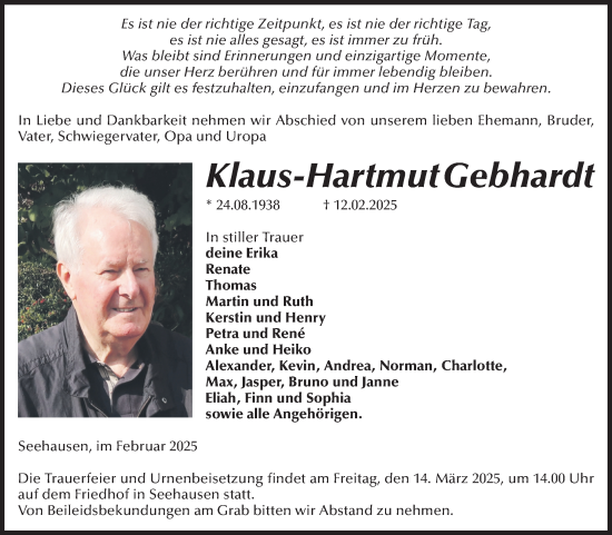 Traueranzeige von Klaus-Hartmut Gebhardt von Volksstimme Altmark Ost