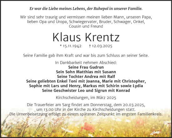 Traueranzeige von Klaus Krentz von Naumburger Tageblatt