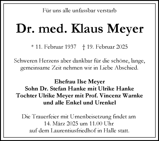Traueranzeige von Klaus Meyer von Mitteldeutsche Zeitung Bitterfeld