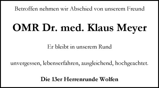Traueranzeige von Klaus Meyer von Trauerkombi Bitterfeld