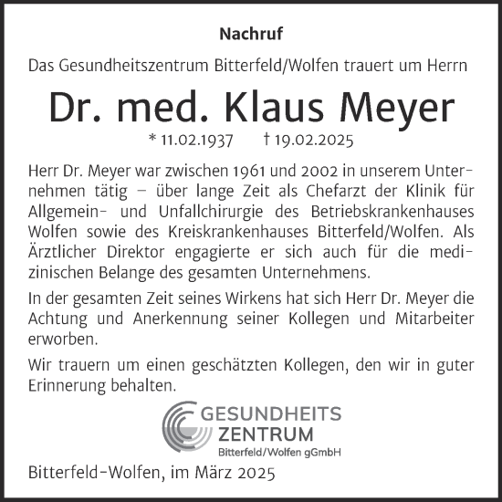 Traueranzeige von Klaus Meyer von Mitteldeutsche Zeitung Bitterfeld