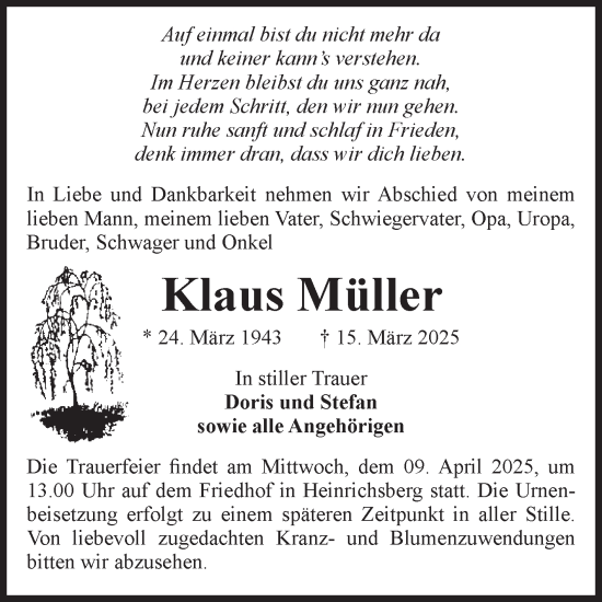 Traueranzeige von Klaus Müller von Volksstimme Haldensleben/Wolmirstedt