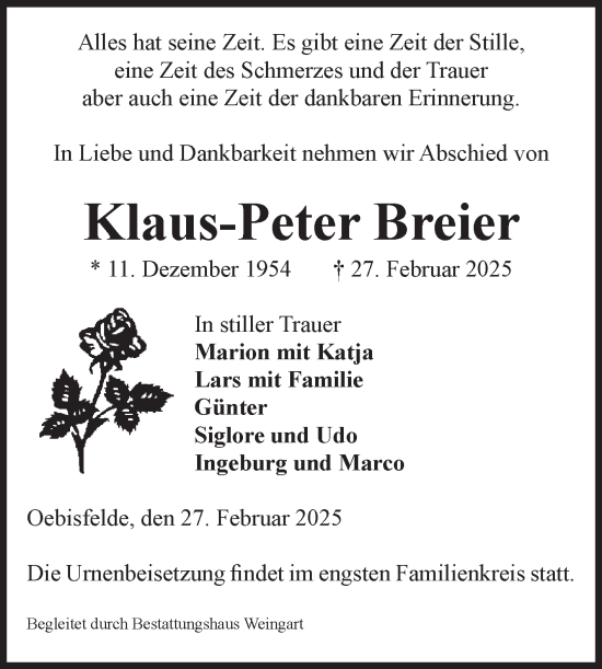 Traueranzeige von Klaus-Peter Breier von Volksstimme Altmark West