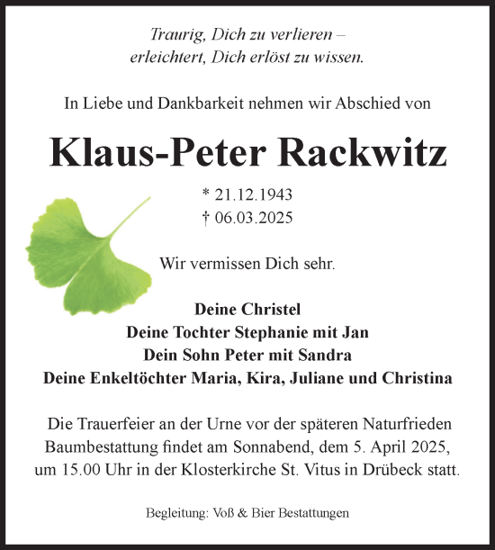 Traueranzeige von Klaus-Peter Rackwitz von Volksstimme Halberstadt