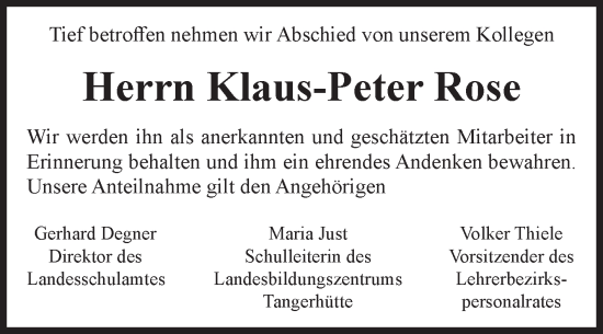 Traueranzeige von Klaus-Peter Rose von Volksstimme Altmark Ost