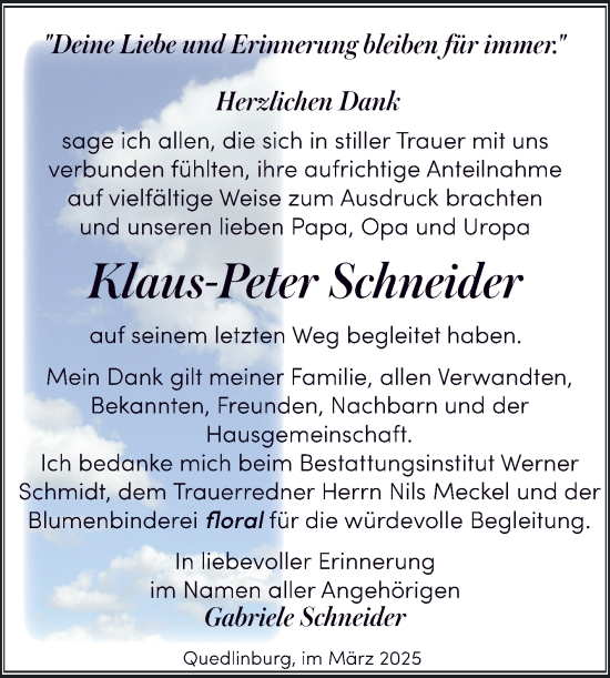 Traueranzeige von Klaus-Peter Schneider von Trauerkombi Quedlinburg
