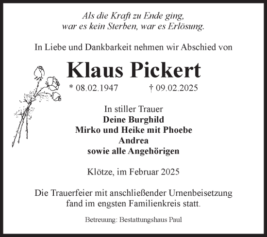 Traueranzeige von Klaus Pickert von Volksstimme Altmark West