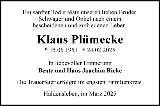 Traueranzeige von Klaus Plümecke von Volksstimme Haldensleben/Wolmirstedt
