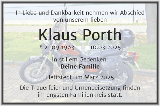 Traueranzeige von Klaus Porth von Trauerkombi Mansfelder Land