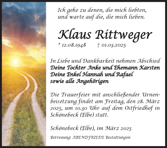 Traueranzeige von Klaus Rittweger von Volksstimme Schönebeck