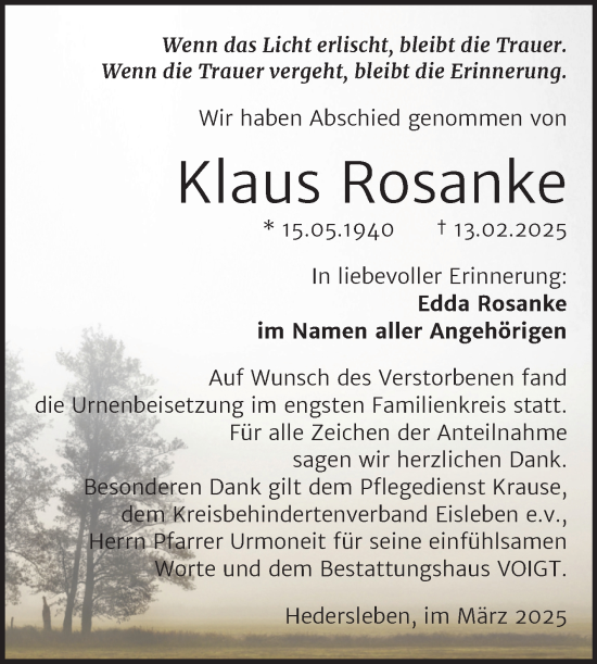 Traueranzeige von Klaus Rosanke von Trauerkombi Mansfelder Land