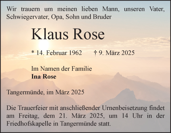 Traueranzeige von Klaus Rose von Volksstimme Altmark Ost