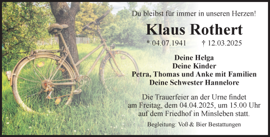 Traueranzeige von Klaus Rothert von Volksstimme Wernigerode