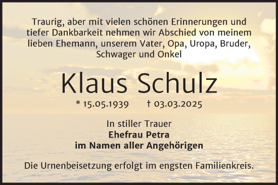 Traueranzeige von Klaus Schulz von Trauerkombi Bernburg