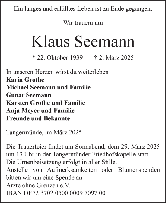 Traueranzeige von Klaus Seemann von Volksstimme Altmark Ost
