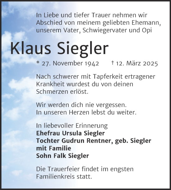 Traueranzeige von Klaus Siegler von Mitteldeutsche Zeitung Halle/Saalkreis