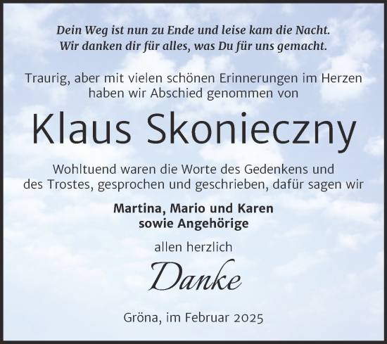Traueranzeige von Klaus Skonieczny von Trauerkombi Bernburg