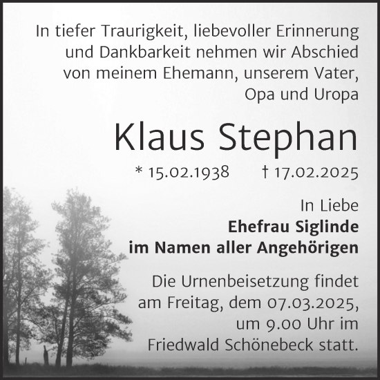 Traueranzeige von Klaus Stephan von Trauerkombi Bernburg