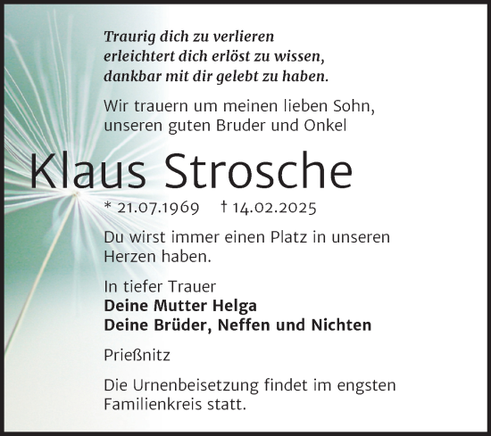 Traueranzeige von Klaus Strosche von Super Sonntag Naumburg/Nebra