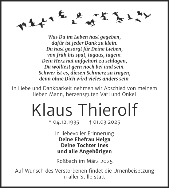 Traueranzeige von Klaus Thierolf von Super Sonntag Naumburg/Nebra