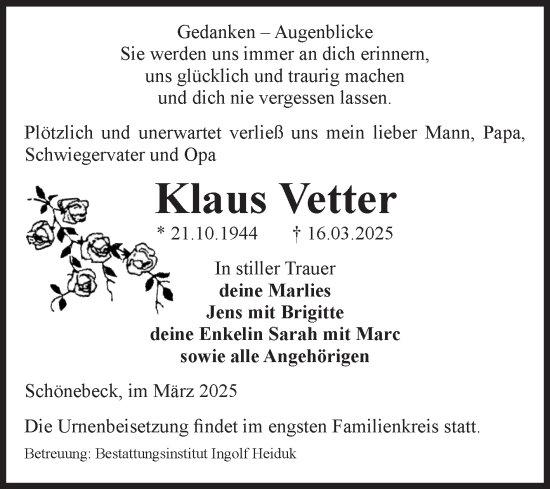 Traueranzeige von Klaus Vetter von Volksstimme Schönebeck