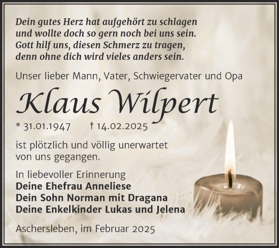 Traueranzeige von Klaus Wilpert von Trauerkombi Aschersleben