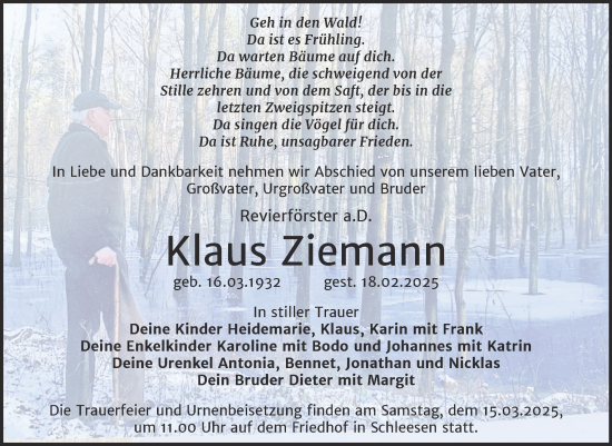 Traueranzeige von Klaus Ziemann von Trauerkombi Wittenberg