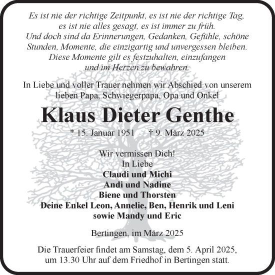 Traueranzeige von Klaus Dieter Genthe von Volksstimme Altmark Ost