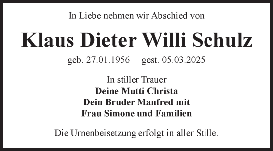 Traueranzeige von Klaus Dieter Willi Schulz von Volksstimme Altmark West