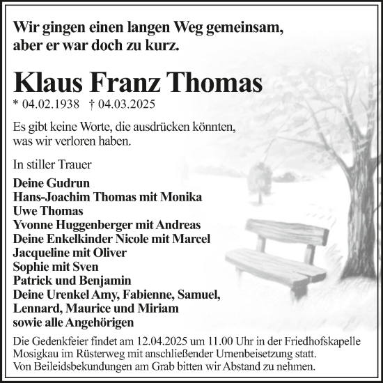 Traueranzeige von Klaus Franz Thomas von Trauerkombi Dessau