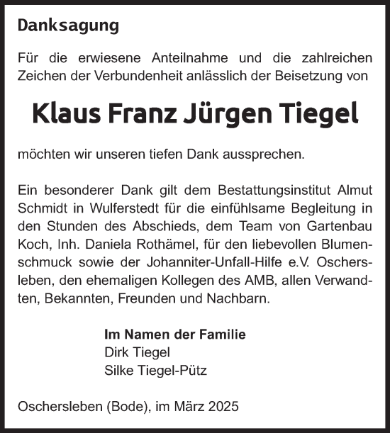 Traueranzeige von Klaus Franz Jürgen Tiegel von Volksstimme Oschersleben/Wanzleben