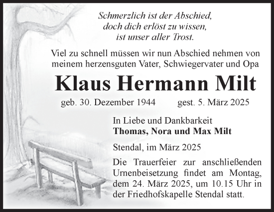 Traueranzeige von Klaus Hermann Milt von Volksstimme Altmark Ost
