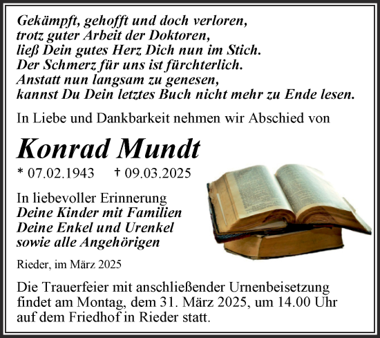 Traueranzeige von Konrad Mundt von Trauerkombi Quedlinburg