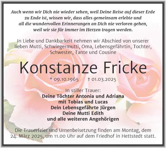 Traueranzeige von Konstanze Fricke von Trauerkombi Mansfelder Land
