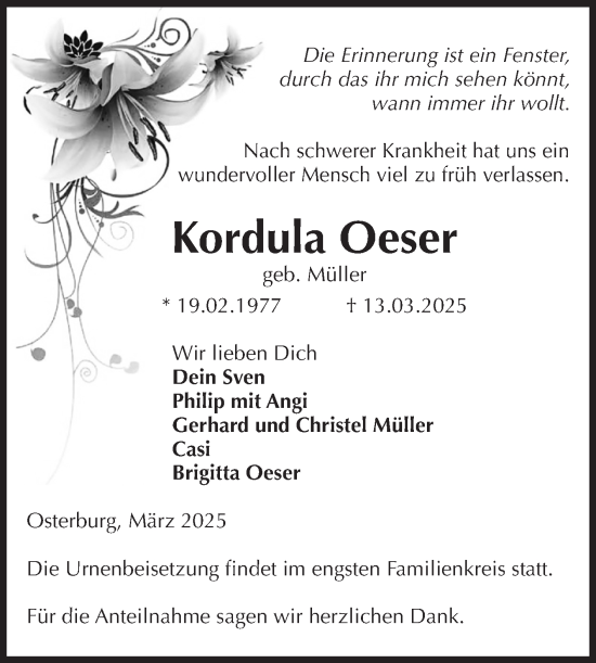 Traueranzeige von Kordula Oeser von Volksstimme Altmark Ost