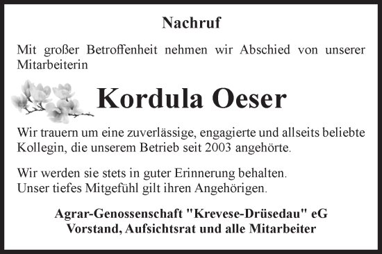 Traueranzeige von Kordula Oeser von Volksstimme Altmark Ost