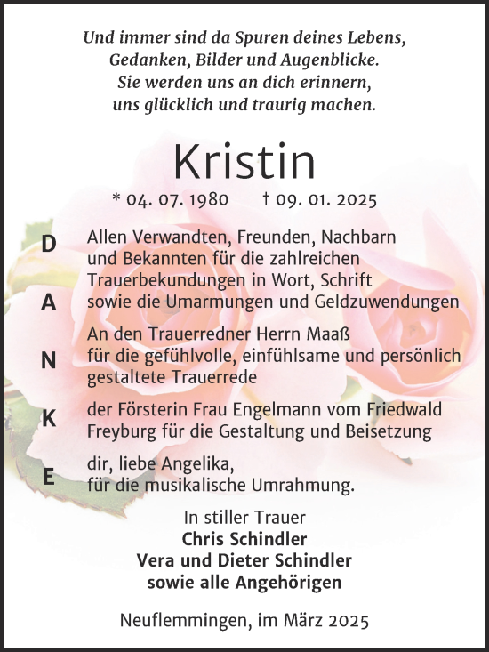 Traueranzeige von Kristin  von Super Sonntag Naumburg/Nebra