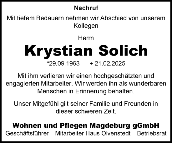 Traueranzeige von Krystian Solich von Volksstimme Magdeburg