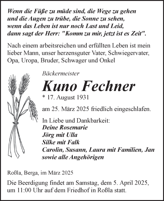 Traueranzeige von Kuno Fechner von Trauerkombi Sangerhausen