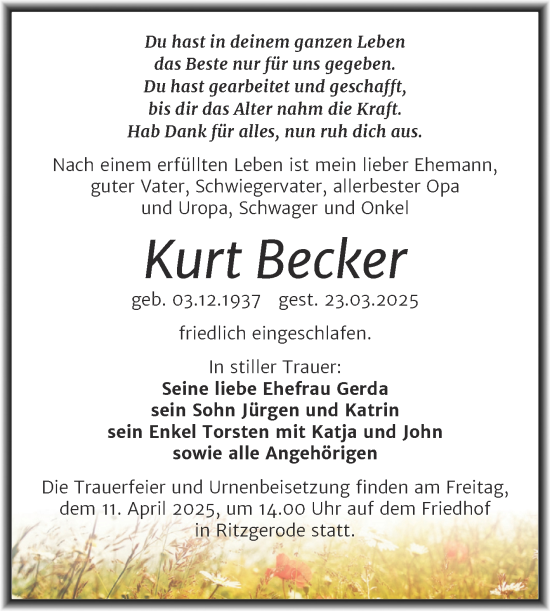 Traueranzeige von Kurt Becker von Trauerkombi Mansfelder Land