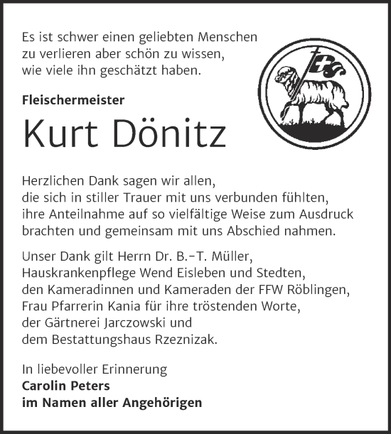 Traueranzeige von Kurt Dönitz von Trauerkombi Mansfelder Land
