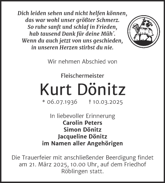 Traueranzeige von Kurt Dönitz von Trauerkombi Mansfelder Land
