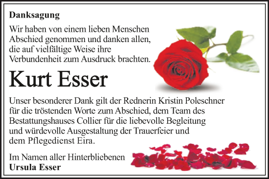 Traueranzeige von Kurt Esser von Trauerkombi Dessau