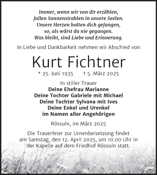 Traueranzeige von Kurt Fichtner von Trauerkombi Weißenfels