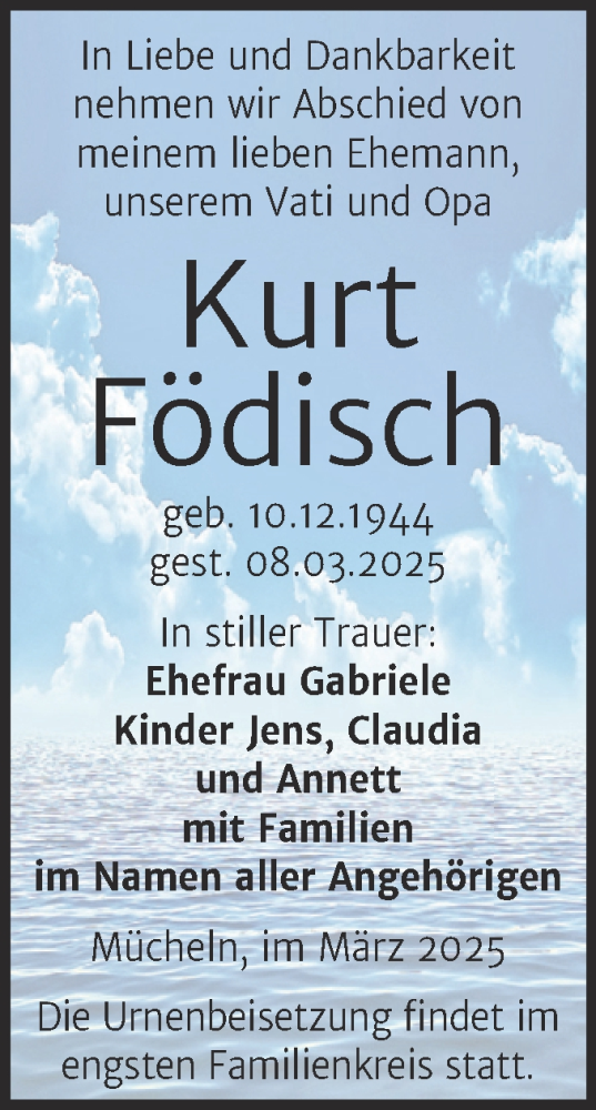 Traueranzeige von Kurt Födisch von Trauerkombi Merseburg