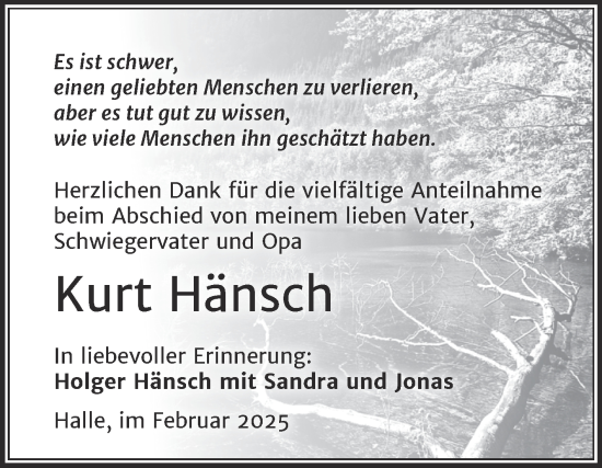 Traueranzeige von Kurt Hänsch von Mitteldeutsche Zeitung Aschersleben
