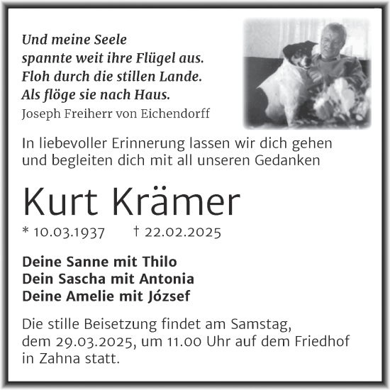Traueranzeige von Kurt Krämer von Trauerkombi Wittenberg